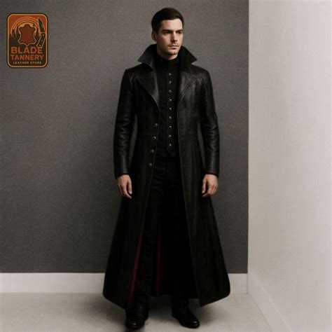 Mens Long Black Gothic Leather Trench Coat Victorian Steampunk Style