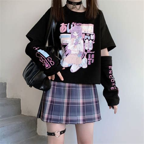 Egirl Aesthetic Outfit With Anime Style T Shirt And Plaid Skirt In 2021