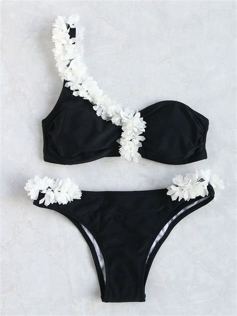 Contrast Flower Embellished One Shoulder Bikini Set Bikinis One