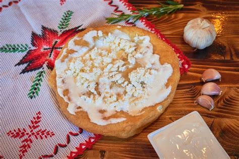 Langos with Sour Cream and Cheese Stock Photo - Image of budapest ...