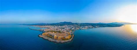 Sunset Aerial View Of Venetian Fortezza Castle In Greek Town Ret Stock