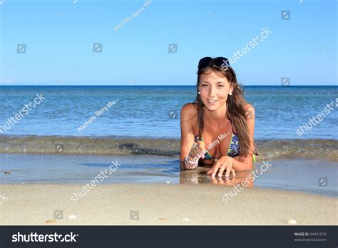 Beautiful Bikini Model Posing On Beach Stock Photo Edit Now