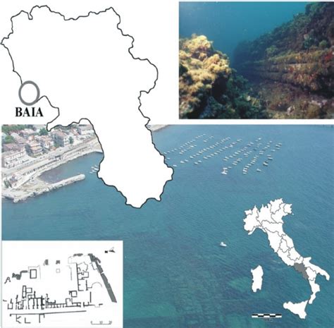 Location of Baia in the Campanian region, Italy, and underwater photos ...