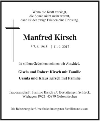 Traueranzeigen Von Manfred Kirsch Trauer In Nrw De