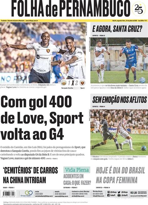 Capa Folha De Pernambuco Quarta 7 De Junho De 2023