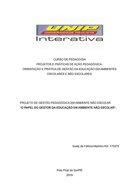 Projeto Gestão Ambiente NÃO Escolar CURSO DE PEDAGOGIA PROJETOS E