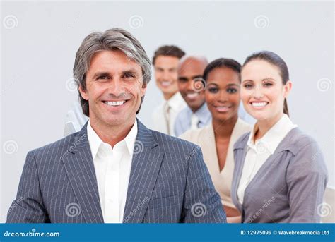 Mature Manager In Front Of His Team Stock Image Image Of Headset