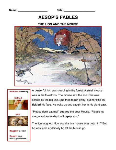 Aesop S Fables The Lion And The Mouse Interactive Worksheet Lion And