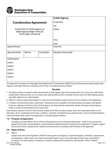 DOT Form 224 032 Construction Agreement Wsdot WA Gov Fill Out And