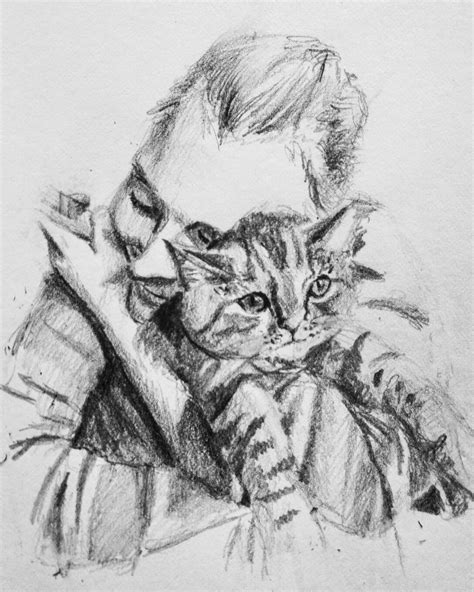 Girlfriend hugging her cat drawing pencil black and white | Cat hug ...