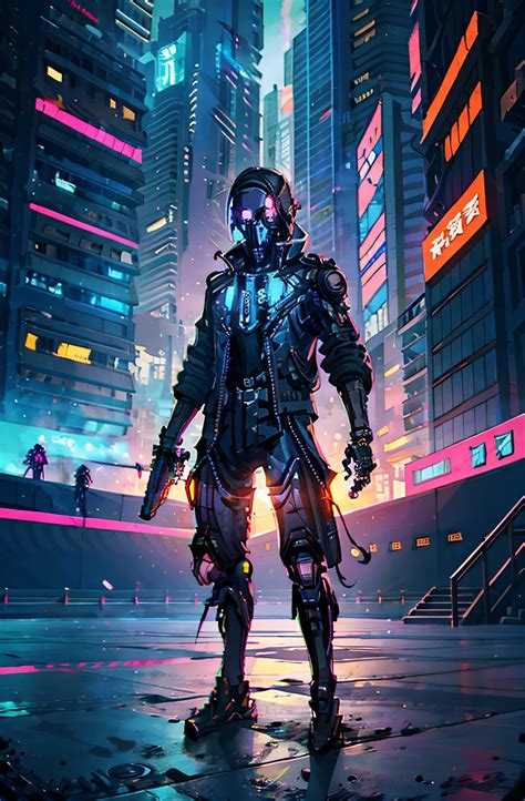 Cyber Soldier Standing In The Middle Of A City At Night Seaart Ai