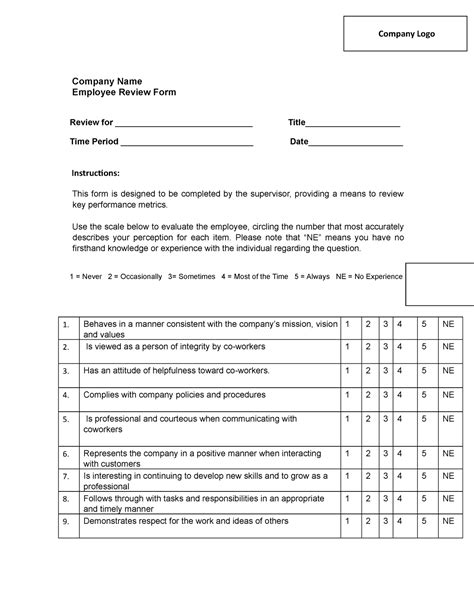 Employee Narrative Template Company Name Employee Review Form Review