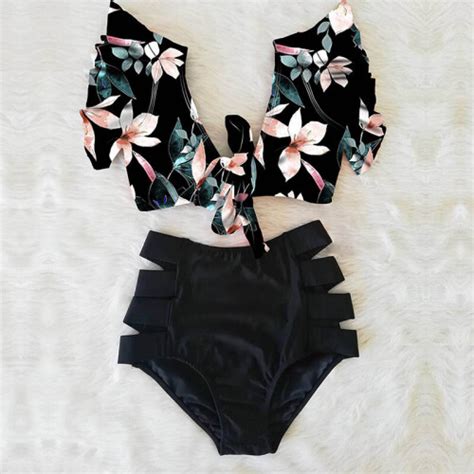 Two Piece Swimsuit Girl Floral Ruffled Bikini Set Women V Neck High