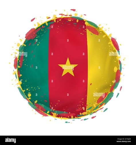 Round Grunge Flag Of Cameroon With Splashes In Flag Color Vector