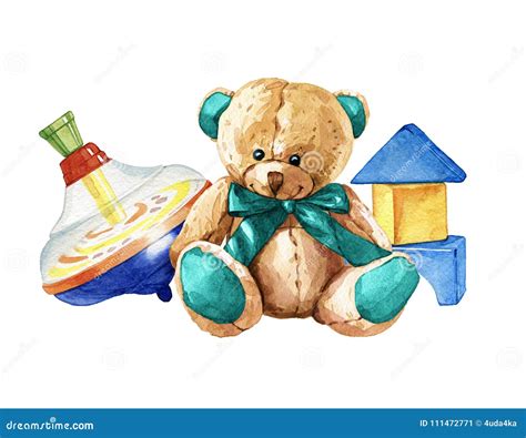 Hand Drawn Watercolor Composition Of Children`s Toys Stock Illustration