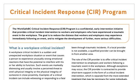 Worksafebcs Critical Incident Response Cir Program Actsafe Safety