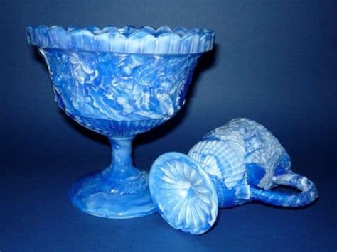 Rare Greener Blue Malachite Slag Glass Rose Shamrock And Thistle Jug And Bowl C1887 Sold