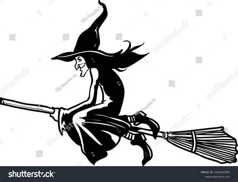 Silhouette Witch Flying On Broomstick Halloween Stock Vector Royalty