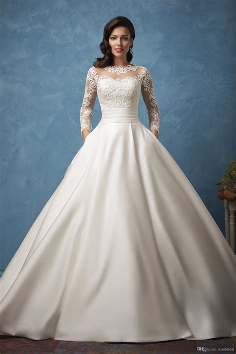 Long Sleeve Ball Gown Wedding Dresses 2019 Elegant Sheer Lace Satin