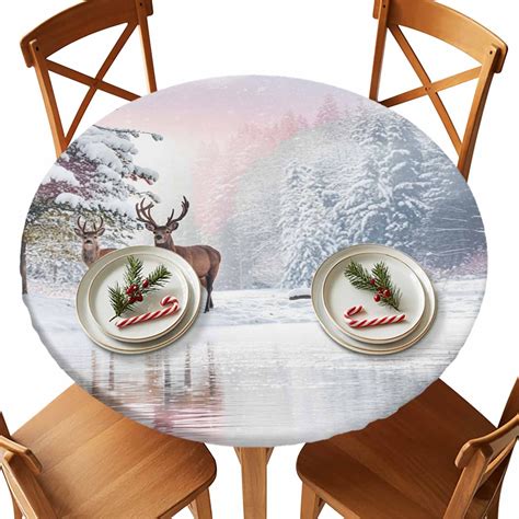 Christmas Round Tablecloth Reindeer Xmas Tree Tablecloths with Elastic