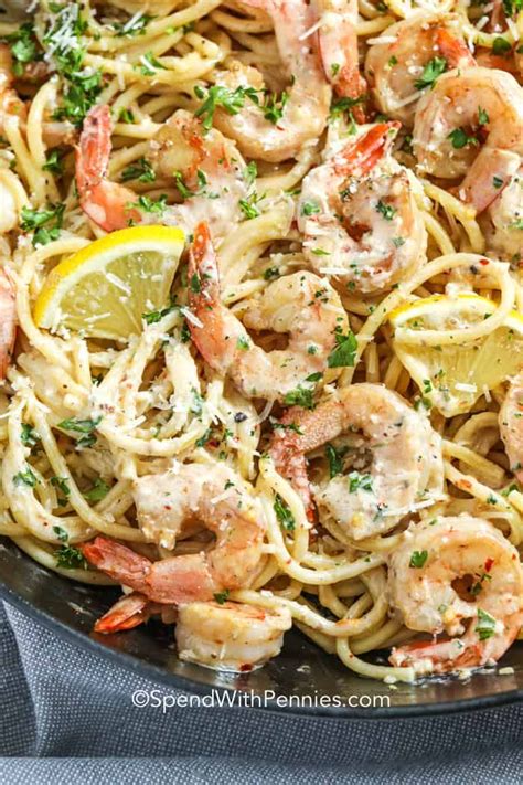 Shrimp Pasta With Lemon And Parsley In A Skillet