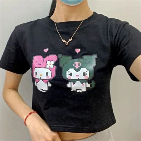 Sanrio Kuromi Sweet Spicy Sexy T Shrit Girl Exposed Navel Tee Streetwear Y2k Japan Kawaii My