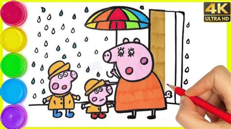 Drawing And Coloring Peppa Pig George Pig And Mommy Pig In The Rain