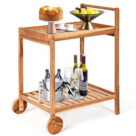 Gymax Acacia Tier Rolling Kitchen Trolley Cart For Patio Storage