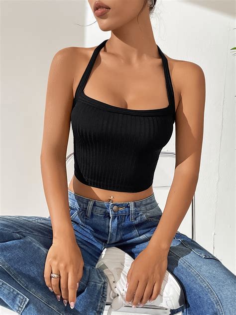 Shein Ezwear Solid Crop Halter Top Shein Usa