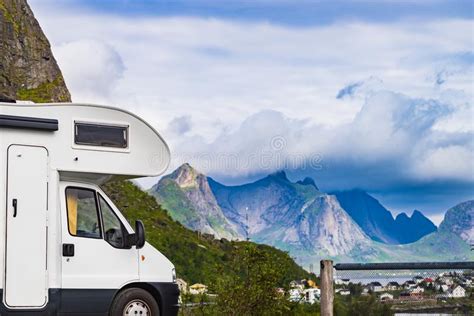 Camper Car On Fjord, Lofoten Norway Stock Photo - Image of mountains ...