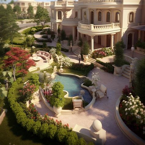 Premium AI Image | A large mansion with a fountain and a garden in the ...