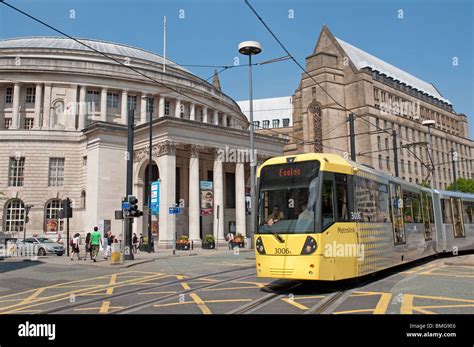 Tram in St Peter's Square,Manchester,Central Library and the Town Hall ...