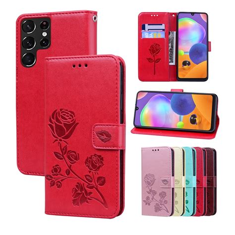 Galaxy S22 Ultra Wallet Case 3D Emboss Rose Flower PU Leather Case