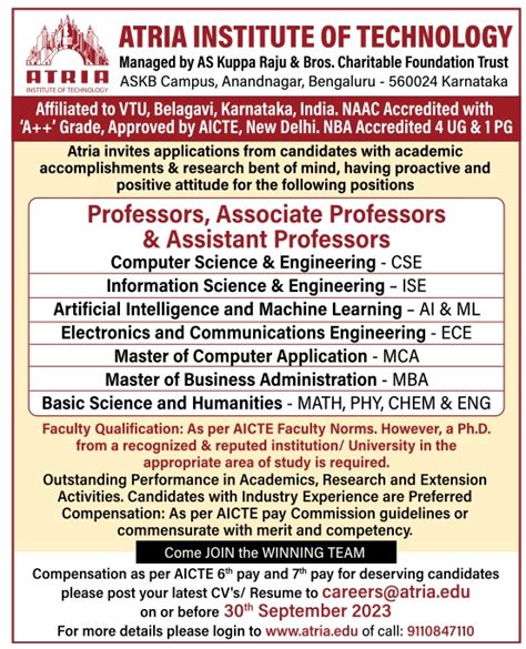 Atria Institute Of Technology Bangalore Wanted Professor Associate