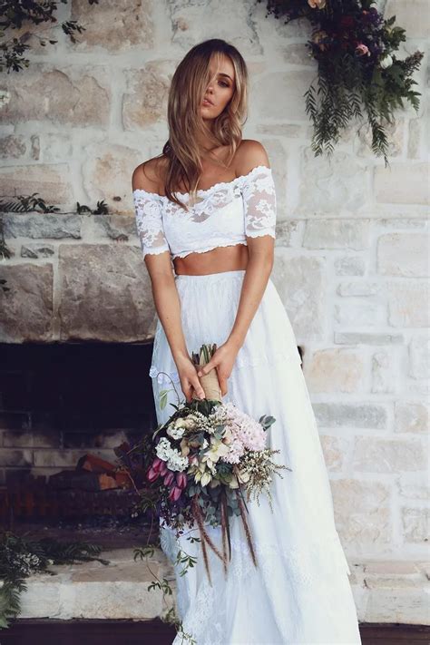 Off The Shoulder Two Pieces Beach Wedding Dresses Short Sleeves