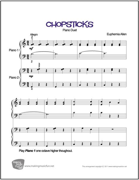 Chopsticks (Duet) | Easy Piano Sheet Music (Digital Print)