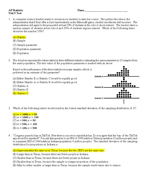 AP Statistics Unit 5 Test Version B Answer Key - Studocu