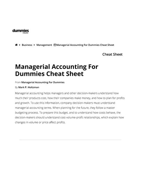 Managerial Accounting For Dummies Cheat Sheet Holtzman Managerial Accounting Helps Managers