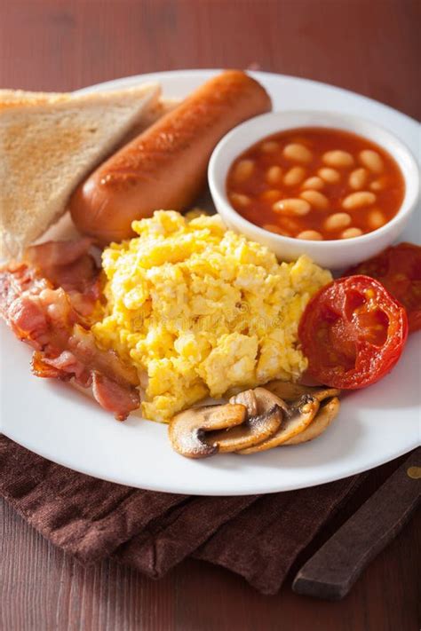 Full English Breakfast With Scrambled Eggs Bacon Sausage Bean Stock