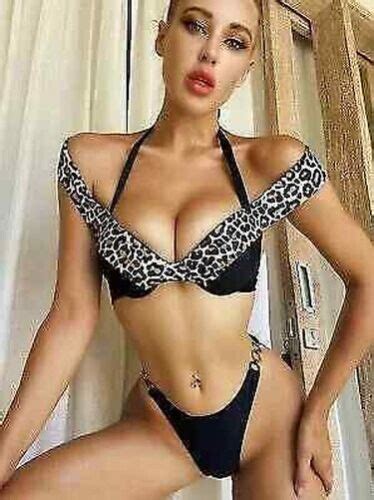 Bikini Femme Deux Pièces Triangle Mini Slips Noir Animal String Mer