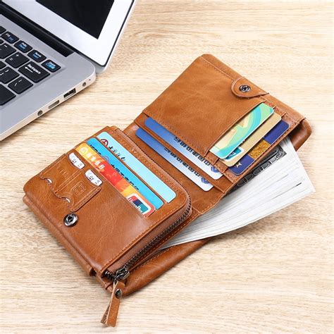 Men Retro Genuine Leather Zipper Pocket 12 Card Holder Trifold Wallet