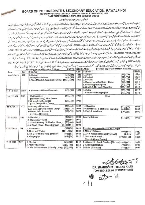 Bise Rawalpindi Board Matric 10th Class Special Exams Date Sheet 2021