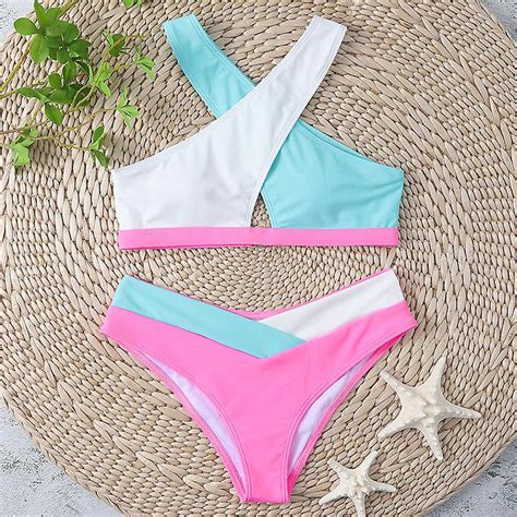 Sexy High Waist Cross Color Matching Bikini Swimwear Push Up New