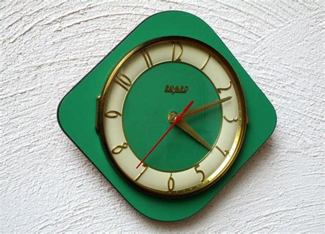 S Atomic Age Vintage French Green Bayard Wall Clock Funky Square