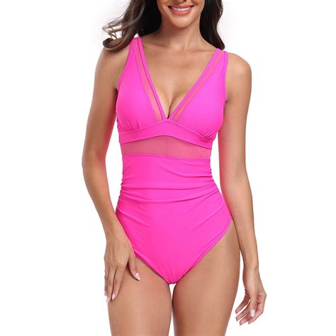 Wreesh Womens One Piece Swimsuits Solid Color Fashion V Neck Bikini Netting Swimsuituit Jumpsuit