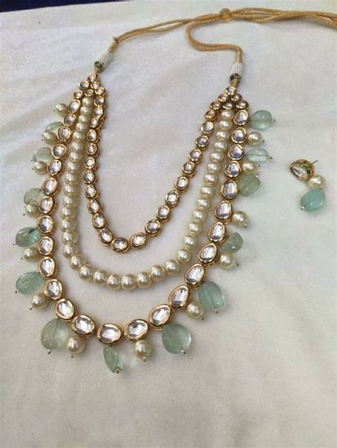 3 Layered Kundan Set With Pastel Pink Mint Pearls Kundan Necklace Set