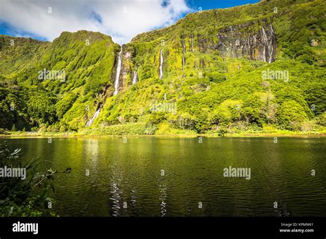 Azores Landscape With Waterfalls And Cliffs In Flores Island Portugal