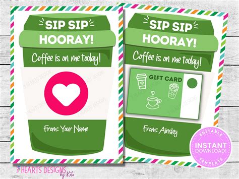 Sip Sip Hooray Coffee Editable Printable Gift Card Holder Instant