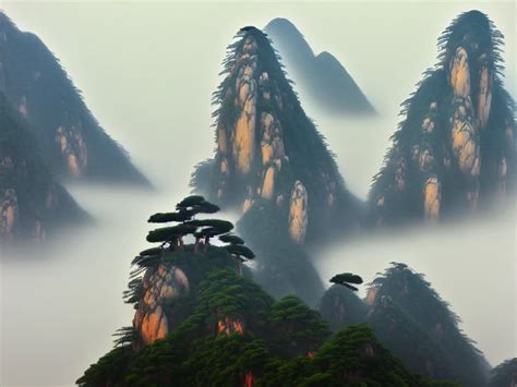 Chinese Shanshui Painting Of Huangshan On A Foggy Day Stable