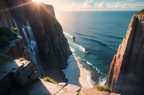 Un Paisaje Con Una Cascada Y Una Persona De Pie Sobre Un Acantilado